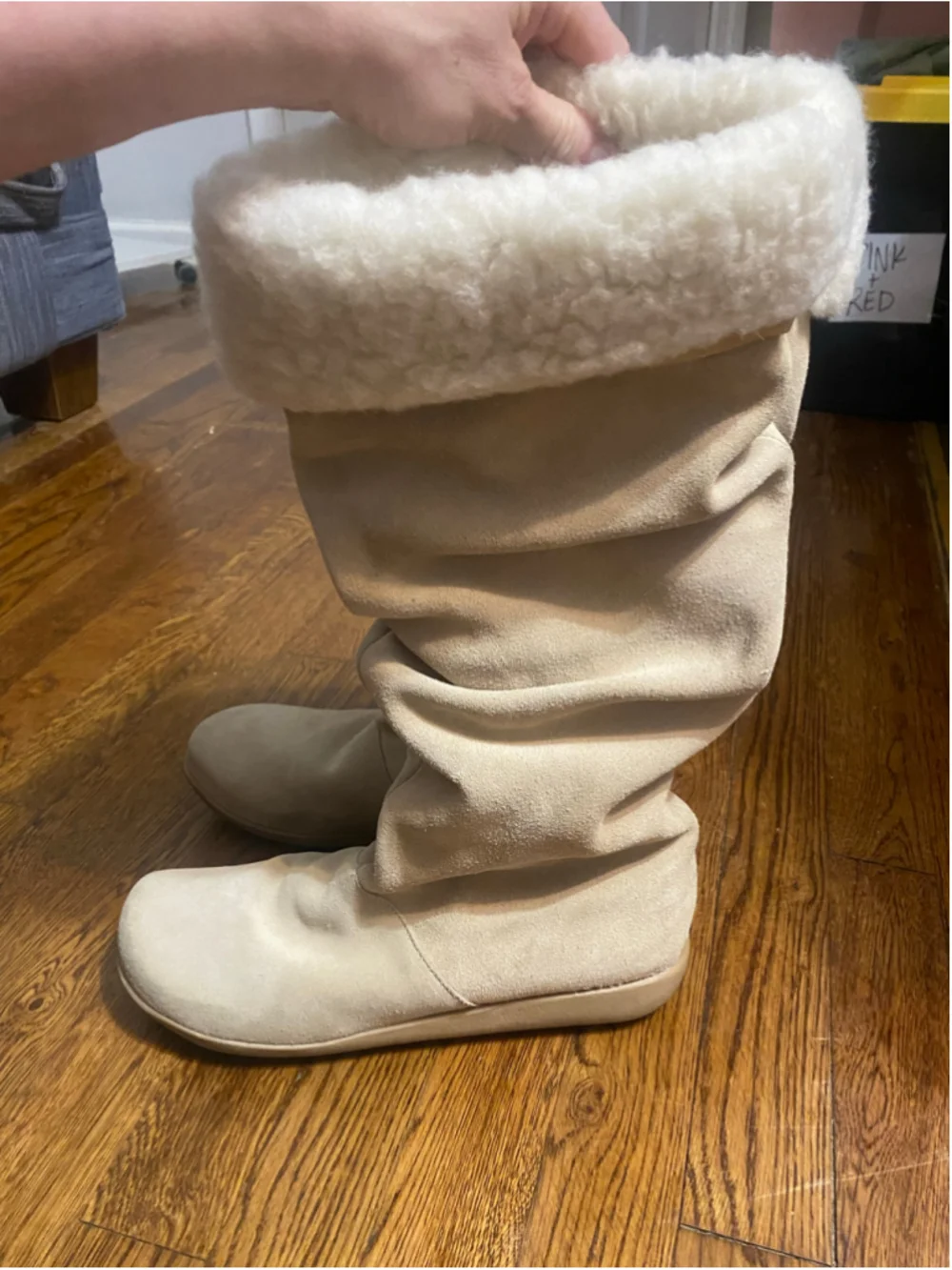Vintage Liz Claiborne Leather Boots Slouch Knee High Cream Faux Fur Y2K Indie 10